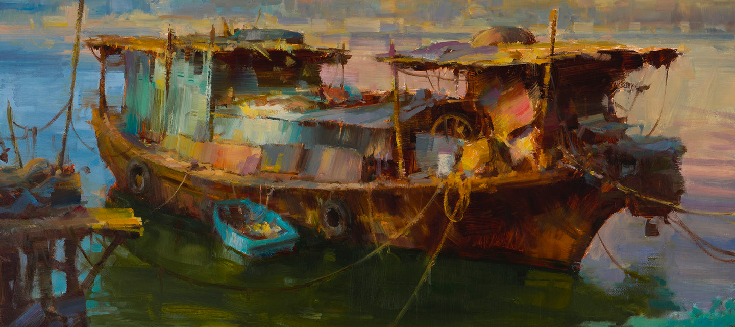 plein air seascape by bryan mark taylor original artwork of boats impressionistic cityscape abstract