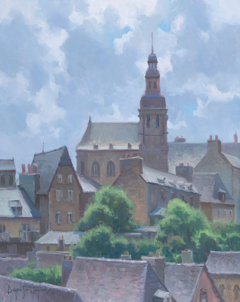 An impressionistic painting of a European town with a prominent church tower, surrounding rooftops, green trees, and a cloudy blue sky.
